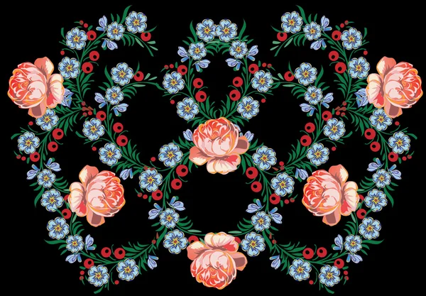 Прикраса синіх і червоних квітів на чорному — стоковий вектор