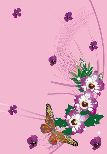 3 つの紫色の蘭の花と蝶 — ストックベクタ