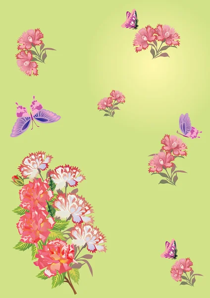 Pink butterflies and flowers on green — Stock Vector