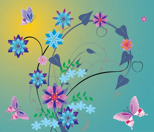 Blue flowers and pink butterflies — Stock Vector