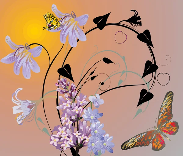 Fjärilar och lila blommor vid solnedgången — Stock vektor