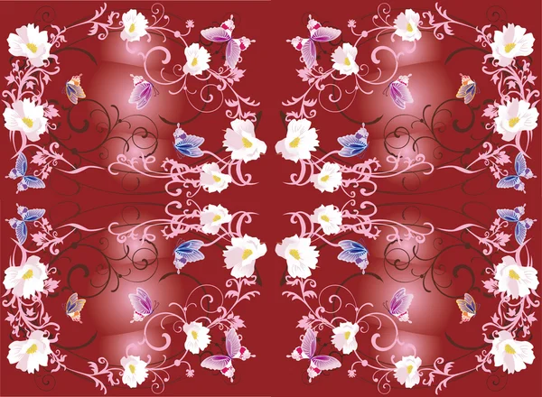 Vita blommor och rosa fjärilar — Stock vektor