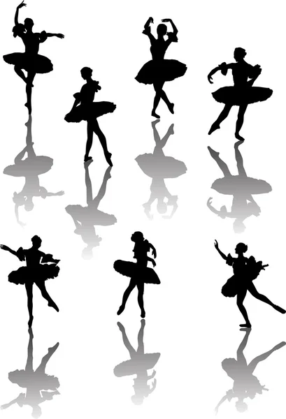 Seven ballet dancers with reflection — Stock Vector