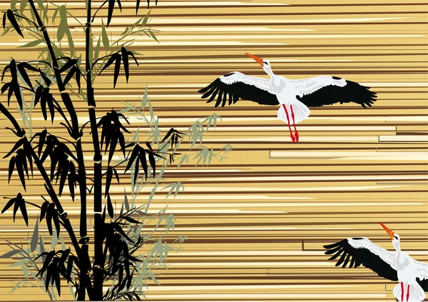 Bamboo and storks on wooden background — Stock Vector