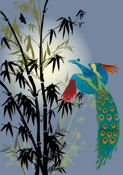 Bambú y pavo real ilustración — Vector de stock