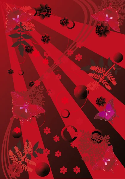Röd illustration med fjärilar och blommor — Stock vektor