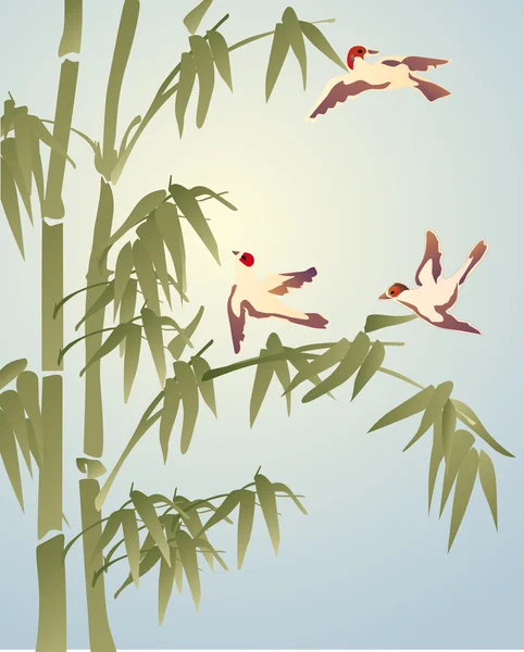 Bambus și trei păsări mici — Vector de stoc