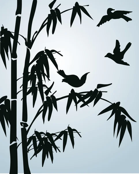Zwarte bamboe en kleine vogels — Stockvector