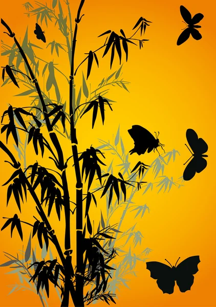 Butterflies and bamboo on yellow — Stock Vector