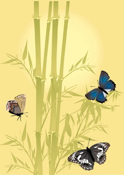 Bambus og tre farve sommerfugle – Stock-vektor