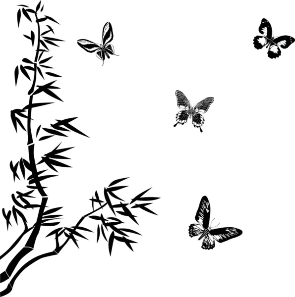 Silhouettes de bambou et papillons — Image vectorielle