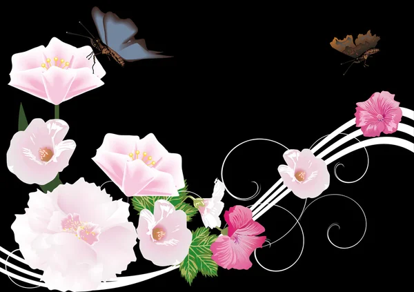 Růžové květy a temné motýly na černém pozadí — Stockový vektor