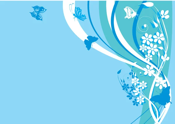 Μπλε και λευκό floral εικονογράφηση με πεταλούδες — Διανυσματικό Αρχείο