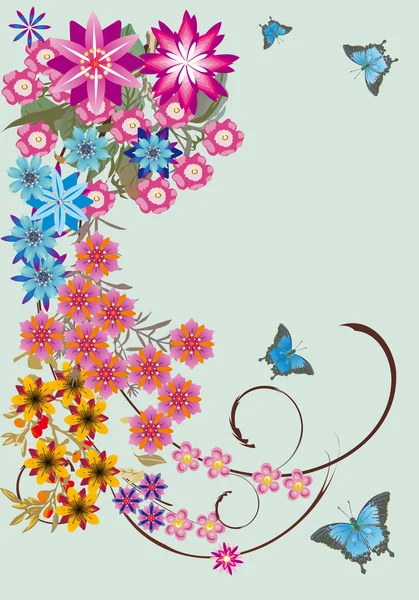 Flowers and four blue butterflies — Stock Vector