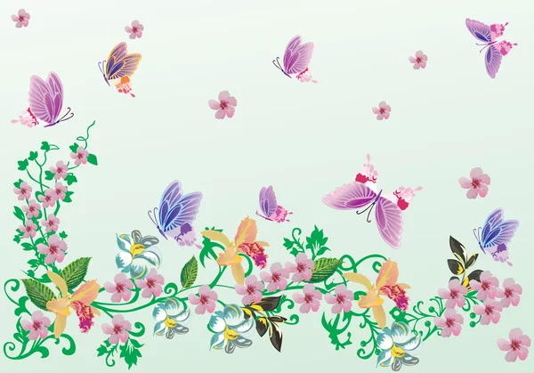 Çok pembe kelebekler ve çizim çiçek — Stok Vektör