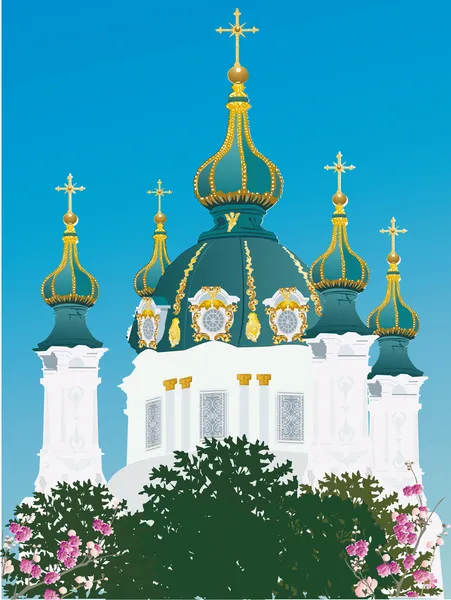 Pravoslavná církev a modrá obloha ilustrace — Stockový vektor