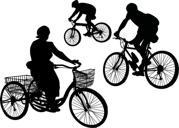 Tres ciclistas aislados en blanco — Vector de stock