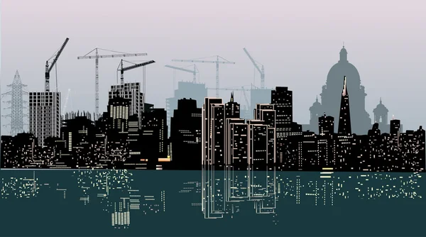 Éjszakai város és elmélkedés illusztráció — Stock Vector