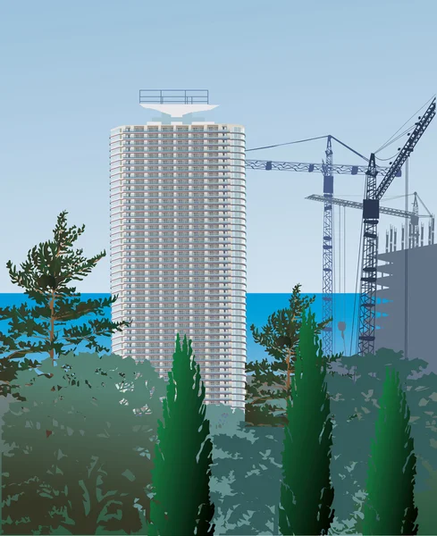Edifício arranha-céus em árvores verdes —  Vetores de Stock