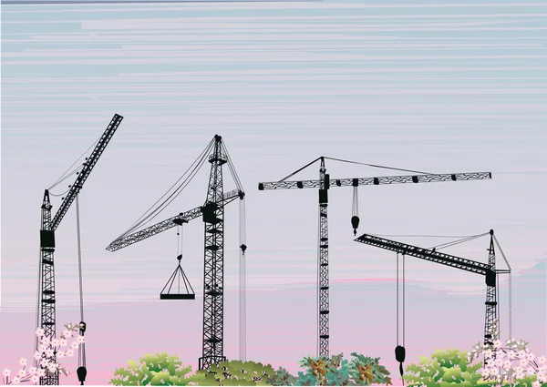 Four building cranes at sunset — Stock Vector