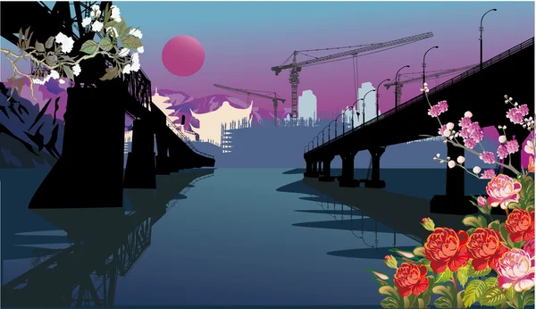 Jembatan malam dengan ilustrasi bunga - Stok Vektor