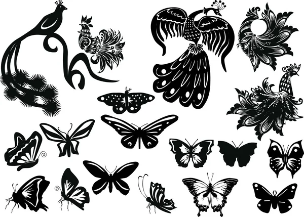 程式化的鸟类和蝴蝶收藏 — 图库矢量图片