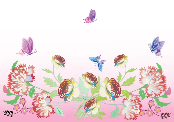 Grote roze bloemen en vlinders — Stockvector