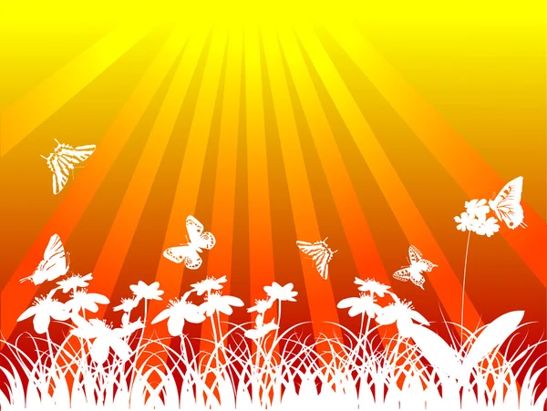 Beyaz kelebekler ve çiçekler güneş altında — Stok Vektör
