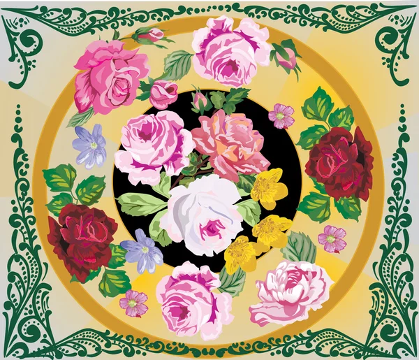 Rosa decoración de flores en marco verde — Vector de stock