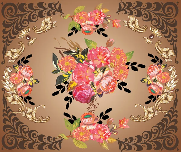Rosa decoración en marco marrón — Archivo Imágenes Vectoriales
