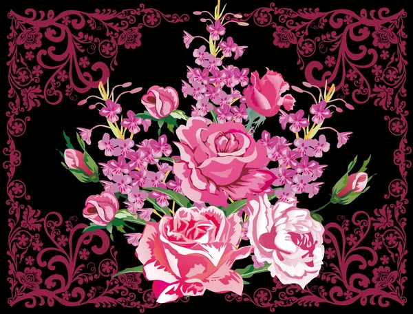 Flores de color rosa en marco rizado púrpura — Vector de stock