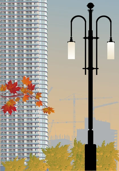Wolkenkrabber en straat lamp illustratie — Stockvector