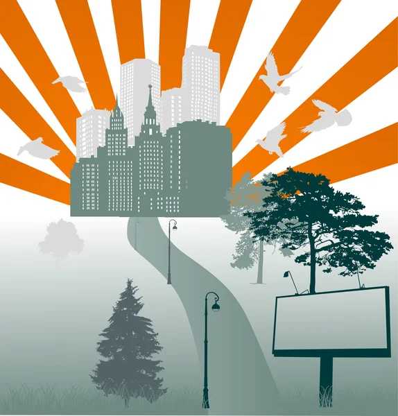 橙色阳光下的绿色城市剪影 — 图库矢量图片