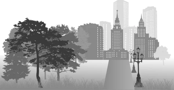 Серый городской пейзаж с деревьями — стоковый вектор