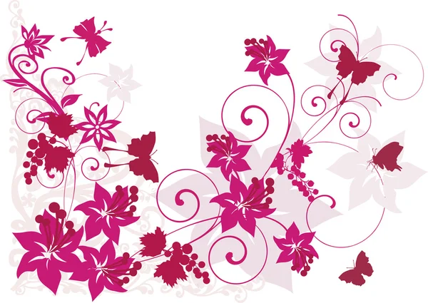 Mariposas púrpura y flores decoración — Vector de stock