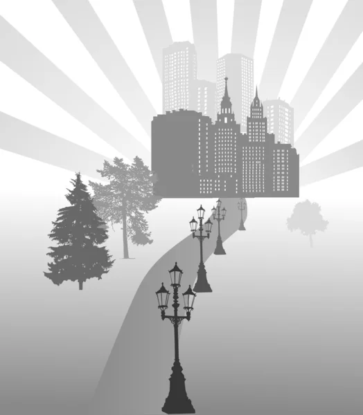 Grey city silhouettes under sun — Stock Vector