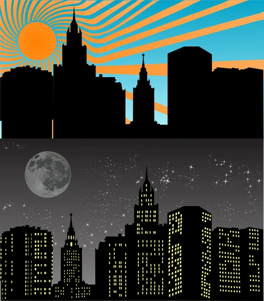 Ilustración de la ciudad de noche y día — Vector de stock