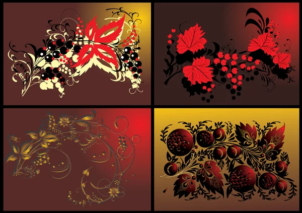 四个不同的水果和树叶装饰 — 图库矢量图片