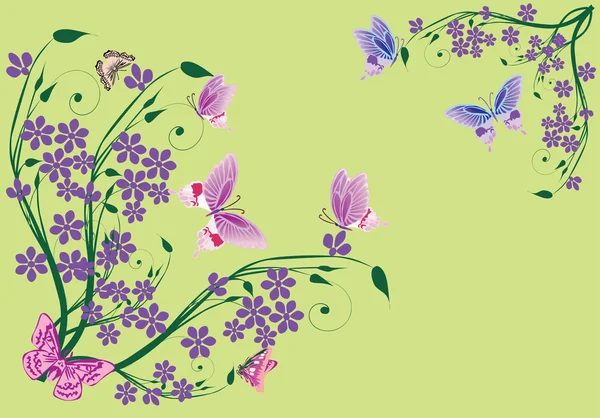 Lila květin a motýlů na zelené — Stockový vektor