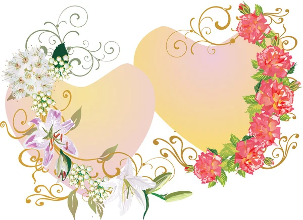 Dois corações na decoração de flores —  Vetores de Stock