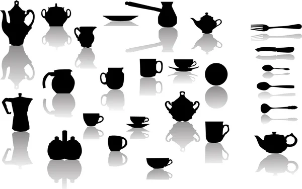 Tee and coffe dishware with reflection — Stock Vector