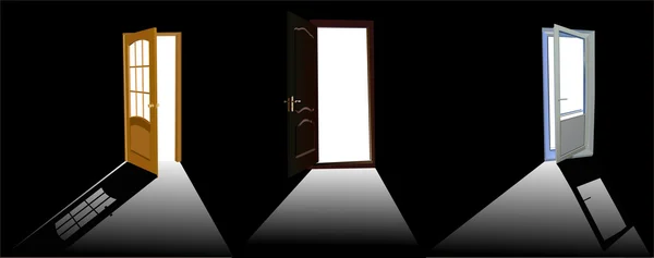 Három nyitott ajtók árnyékok — Stock Vector