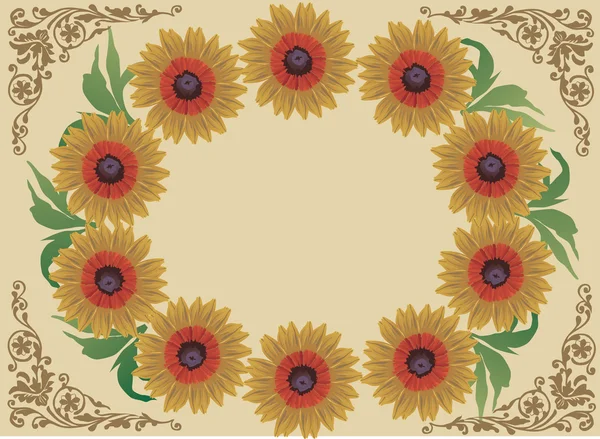Gele bloemen frame decoratie op brown — Stockvector