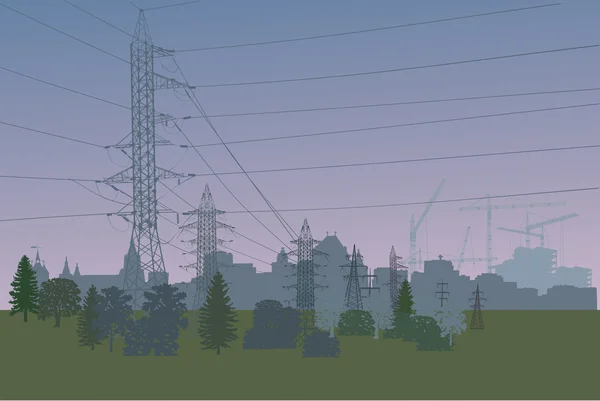 高电压线在绿色森林 — 图库矢量图片