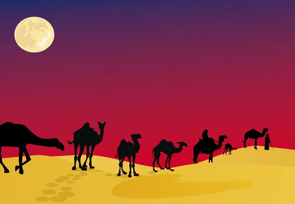 Velbloudi v noci poušti — Stockový vektor