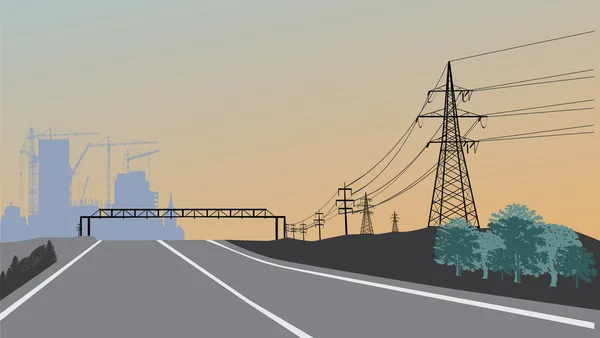 Ligne électrique et bâtiment au coucher du soleil — Image vectorielle