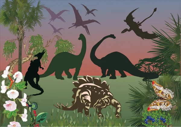 Dinossauros na floresta verde —  Vetores de Stock