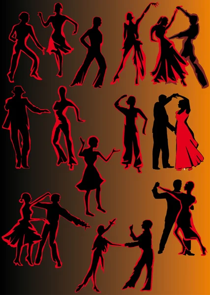 Силуэты красных и чёрных танцоров — стоковый вектор
