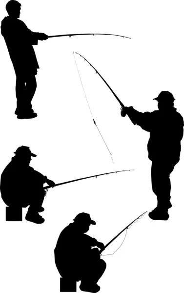 Fyra fiskare silhuetter isolerad på vit — Stock vektor