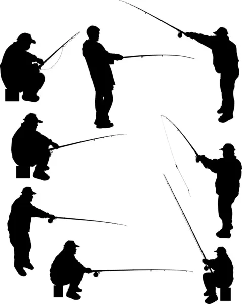 Acht vissers silhouetten geïsoleerd op wit — Stockvector